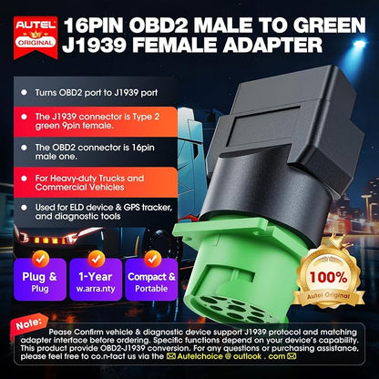 Autel Original OBD2 Male to Green J1939 Type 2 Female Adapter, 16pin OBDII to 9pin for Truck Freightliner Code Reader, ELD Tracker, Diagnostic Scanner Device, Plug and Play with High Speed