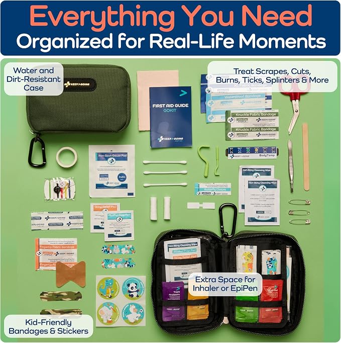 Keep Going Travel First Aid Kit for Kids – 130 Pc. for Car, Purse, Diaper Bag, Backpack, & Suitcase, with Latex-Free Bandages – 7 x 5 x 2 in. Travel First Aid Kit TSA-Approved