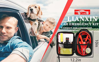 LIANXIN Roadside Emergency Kit Auto Safety Kit with Jumper Cables Headlamp | Gifts for New Drivers Storage Bag with Tow Rope, Gloves, Rainwear, Screwdriver,for Breakdowns, Travel and Winter Emergencies