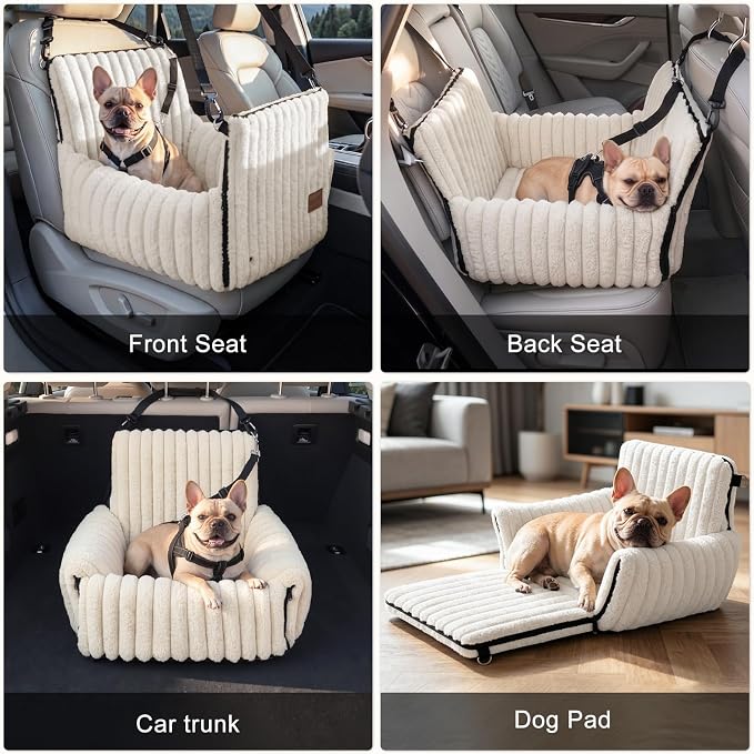 MIXJOY 6-in-1 Dog Car Seat for Small/Medium Dogs up to 25 lbs, Multi-Functional Dog Carrier for Car with Detachable Washable Cover, Pet Travel Bed with Clip-On Safety Leash, Beige