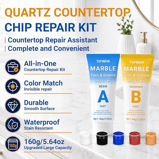 Marble Countertop Repair Kit, 160g/5.64oz Tile Repair Kit for Granite Quartz Acrylic Ceramic Stone and Fill Hole Chips Crack Scratches Dents, Reattaches Missing Edges on Countertops (Color Match)
