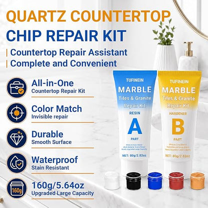 Marble Countertop Repair Kit, 160g/5.64oz Tile Repair Kit for Granite Quartz Acrylic Ceramic Stone and Fill Hole Chips Crack Scratches Dents, Reattaches Missing Edges on Countertops (Color Match)