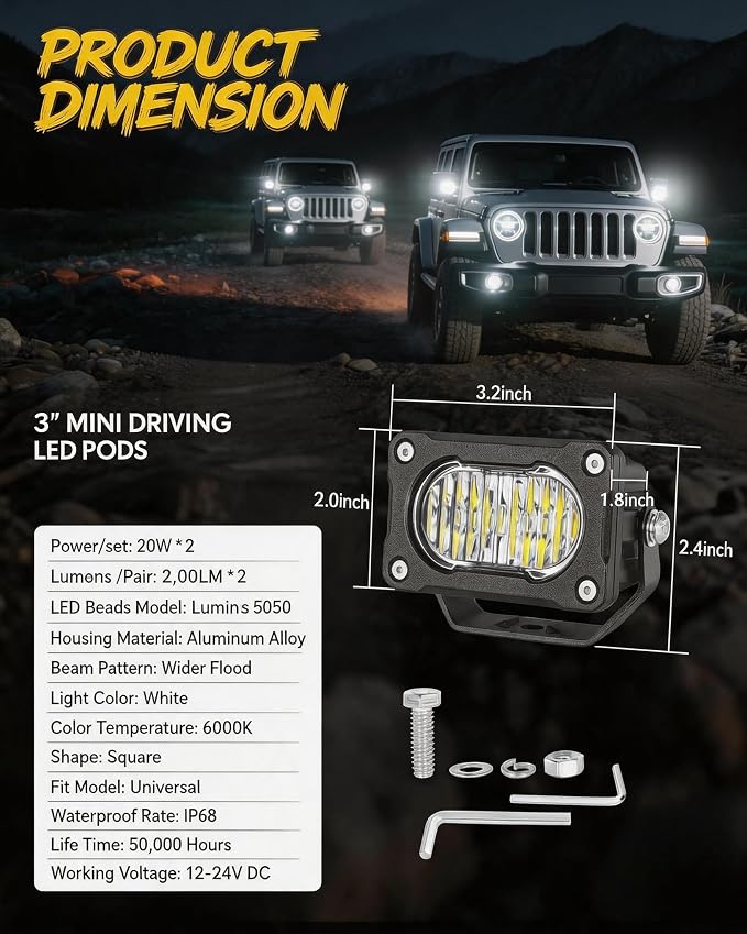 2PCS 3 Inch LED Pod Lights 40W Small Surron Driving Lights | Flood Beam Off Road 4x4 Ditch Lights with DT Wiring Harness Kit Work Light Cube Bumper Lights Fog Light for Truck Motorcycle