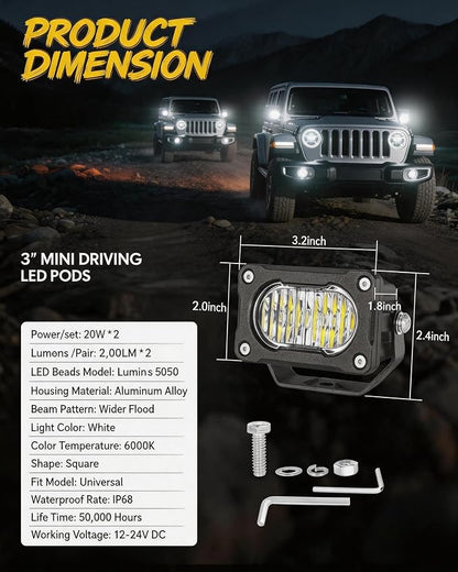 2PCS 3 Inch LED Pod Lights 40W Small Surron Driving Lights | Flood Beam Off Road 4x4 Ditch Lights with DT Wiring Harness Kit Work Light Cube Bumper Lights Fog Light for Truck Motorcycle
