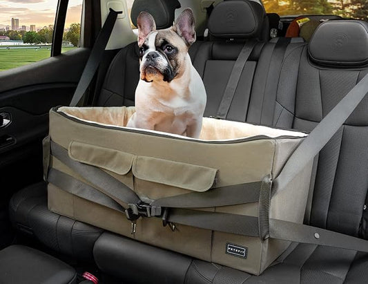 Petsfit Dog Booster Seat for 2 Small Dogs or Medium Dog up to 55 lbs, Large Dog Car Seat with 2 Big Pockets for Cars, Trucks and SUVs (Large, Brown)