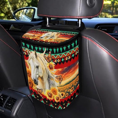 Aztec Tribe Horse Sunflower Print Trash Can for Car Leakproof Garbage with Lid and Zipper Trash Bin Hanging Back of Seat Auto Interior Accessories Universal Fit Most Truck SUV Van