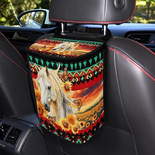 Aztec Tribe Horse Sunflower Print Trash Can for Car Leakproof Garbage with Lid and Zipper Trash Bin Hanging Back of Seat Auto Interior Accessories Universal Fit Most Truck SUV Van