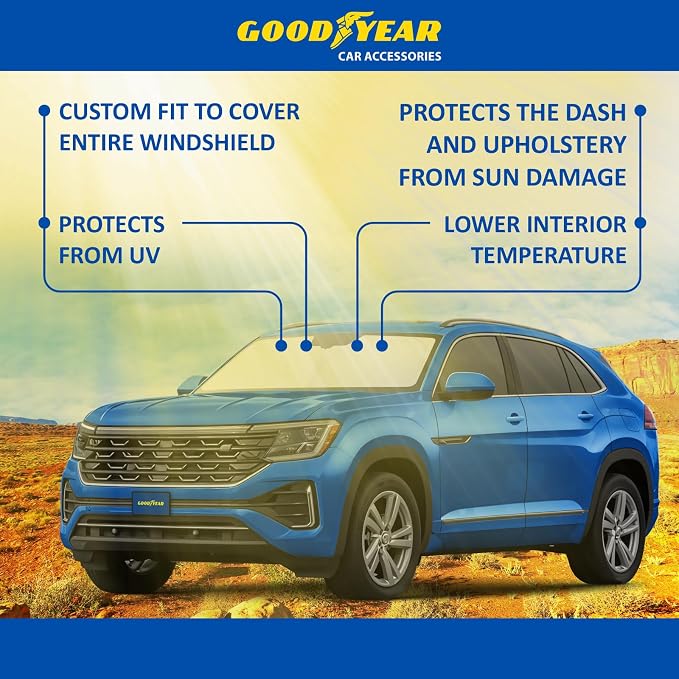 Goodyear Foldable Windshield Sunshade for Volkswagen Atlas Cross Sport 2020-2026, Car Accessories, Sunshade Cover, Sun Shade Car Windshield, Window Sun Blocker - GY008361