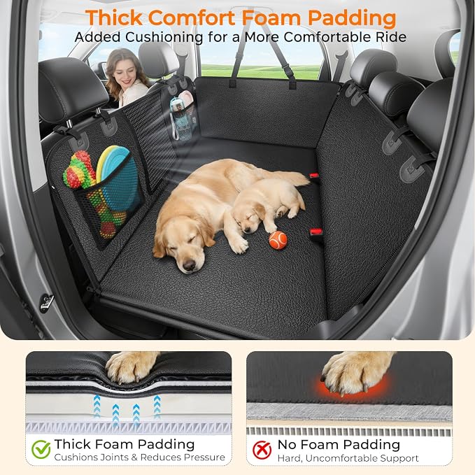URPOWER Upgraded PU Leather Back Seat Extender for Dogs - Large Hard Bottom Dog Car Seat Cover Holds 550lbs, Waterproof Dog Hammock Pet Bed with High-Density Foam Non-Slip Backseat Protector
