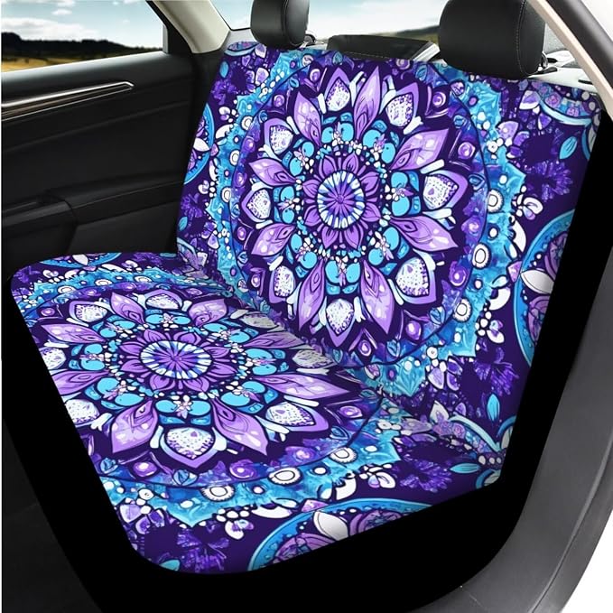 14 Pcs Purple Mandala Car Seat Covers with Steering Wheel Cover,Seat Belt Covers Cup Holder with Keychain,Novelty Purple Floral Automotive Protector Set Universal Fit Cars SUV Truckss