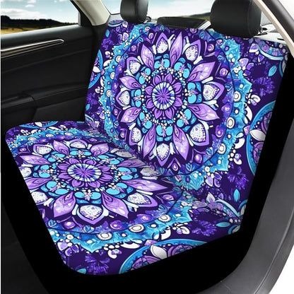 14 Pcs Purple Mandala Car Seat Covers with Steering Wheel Cover,Seat Belt Covers Cup Holder with Keychain,Novelty Purple Floral Automotive Protector Set Universal Fit Cars SUV Truckss