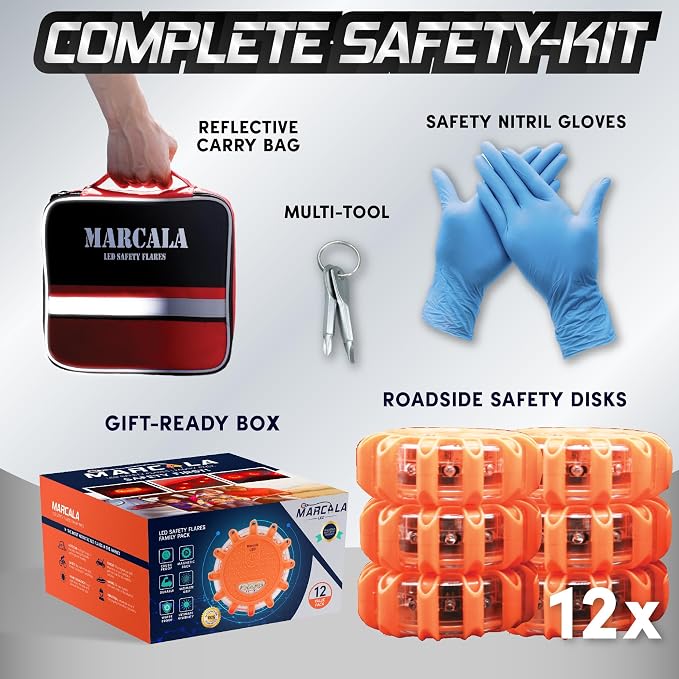Marcala 12-Pack Emergency Flares for Vehicles | Emergency Roadside Lights | Complete LED Road Flares Kit | Emergency Lights For Vehicles | Perfect For Gifting or Everyday Roadside Safety
