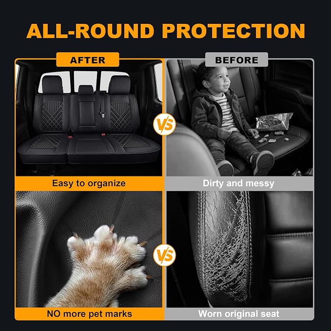 IKABEVEM for Ford F150 2009-2024 2025 2026 Seat Covers F250 F350 F450 2017-2025 2026 Seat Cushion Cover with Faux Leather(Full Set, Black)