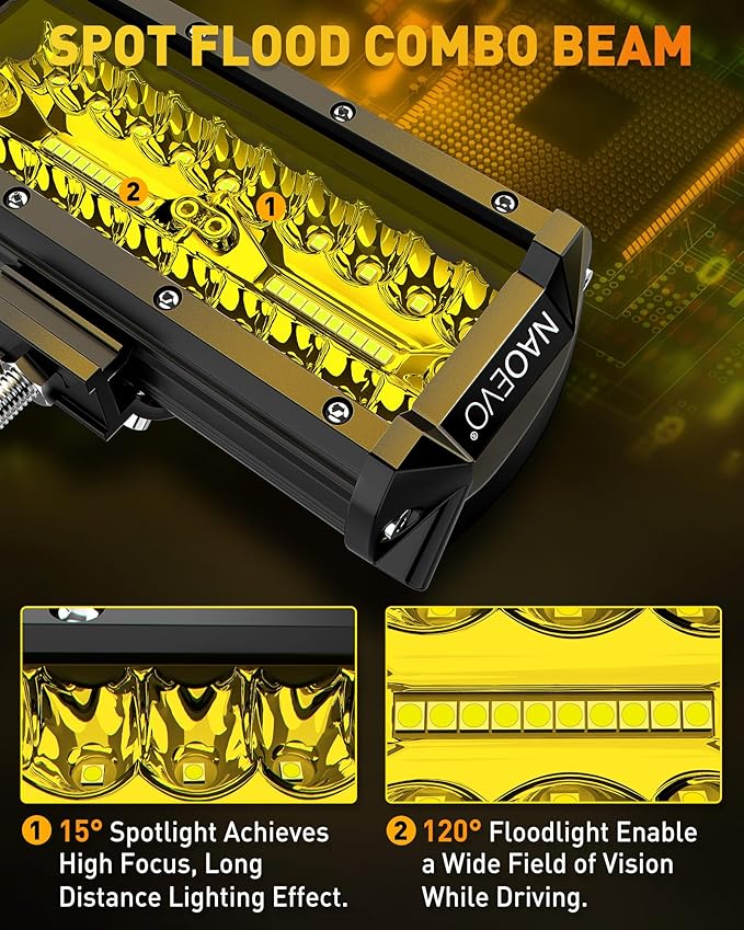 NAOEVO 7 Inch Yellow LED Light Bar, 240W 24,000LM LED Pods/Off Road/Fog/Driving Lights with Spot Flood Combo for Truck Boat UTV ATV, 2-Pack (Yellow)