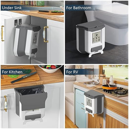 HI NINGER Small Compost Bin with Lid for Counter Top or Under Sink,Hanging Trash can,Foldable Kitchen Trash can 2.4 Gallon for Cabinet/Car Trash Can with Lid/RV/Bathroom/Camping