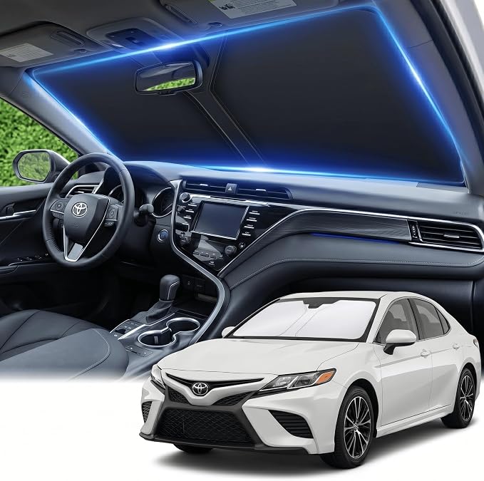 Windshield Sun Shade for Toyota Camry 2018-2023 2024 Front Window Sunshade Custom Fit Camry Accessories LE XLE Hybrid SE XSE Sedan Sun Visor Foldable Shade Blocks UV Rays Must Have Car Accessories