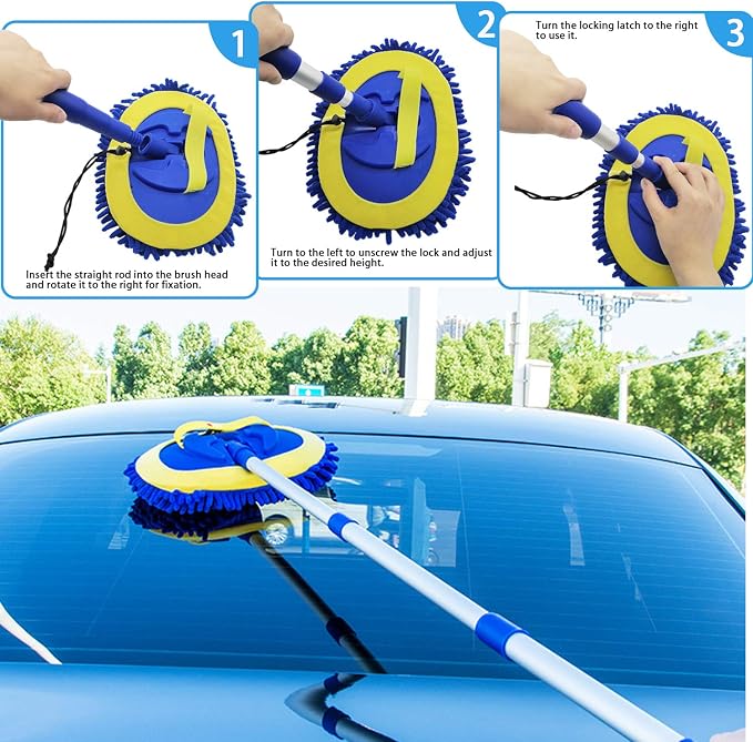 2 in 1 Microfiber Car Wash Mop Mitt with 45" Aluminum Alloy Long Handle,Chenille Car Cleaning Kit Brush Duster with Scratch Free for Washing Car/Truck/RV,2 Mop Head and 1 Towels and Air Vent Duster