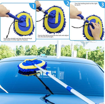 2 in 1 Microfiber Car Wash Mop Mitt with 45" Aluminum Alloy Long Handle,Chenille Car Cleaning Kit Brush Duster with Scratch Free for Washing Car/Truck/RV,2 Mop Head and 1 Towels and Air Vent Duster