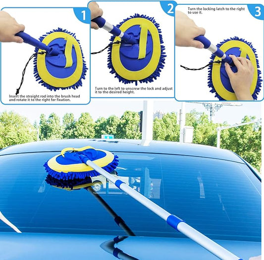 2 in 1 Microfiber Car Wash Mop Mitt with 45" Aluminum Alloy Long Handle,Chenille Car Cleaning Kit Brush Duster with Scratch Free for Washing Car/Truck/RV,2 Mop Head and 1 Towels and Air Vent Duster