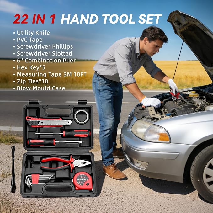 Car Emergency Safety Kit Bag with Portable Air Compressor, Jumper Cables,First Aid Kit, Winter Vehicle Roadside Emergency Kit with Snow Brush and Ice Scraper, for Women, Men, Teen