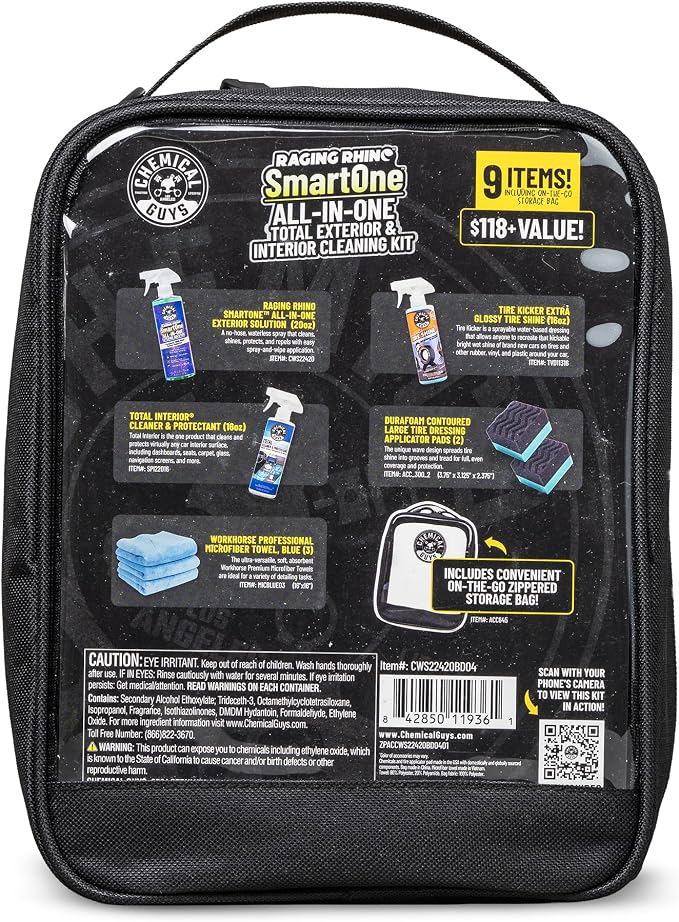 Chemical Guys Quick Detailing Kit With Storage Bag, Raging Rhino SmartOne Exterior Spray, Interior Cleaner, Tire Shine, Microfiber Towels, And Applicators Giftable Car Care Set
