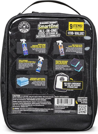 Chemical Guys Quick Detailing Kit With Storage Bag, Raging Rhino SmartOne Exterior Spray, Interior Cleaner, Tire Shine, Microfiber Towels, And Applicators Giftable Car Care Set