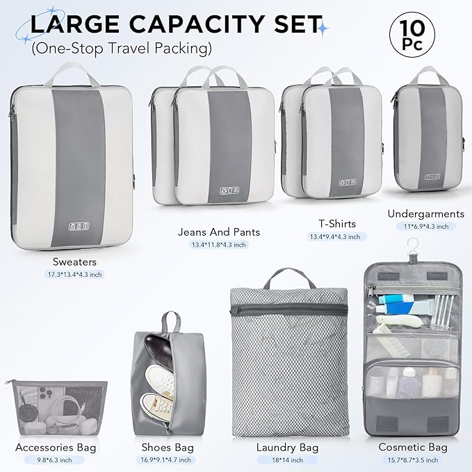 OlarHike 10-Pack Compression Packing Cubes for Travel Essentials,Compressible Expandable Packing Cubes for Suitcase,Luggage Garment Bags for Travel,Handy Helper for Organizing Clothes(Gray)