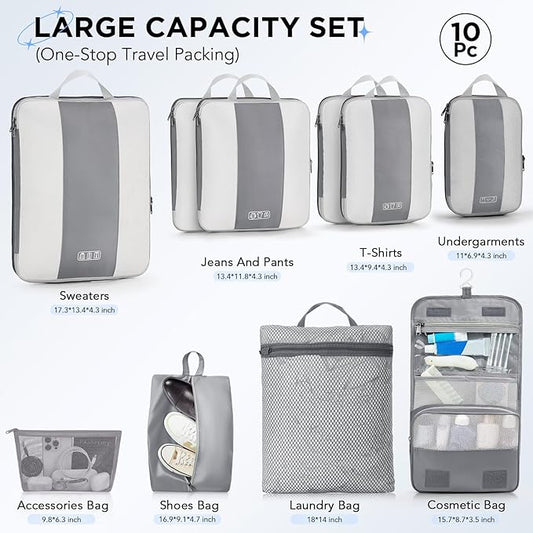 OlarHike 10-Pack Compression Packing Cubes for Travel Essentials,Compressible Expandable Packing Cubes for Suitcase,Luggage Garment Bags for Travel,Handy Helper for Organizing Clothes(Gray)