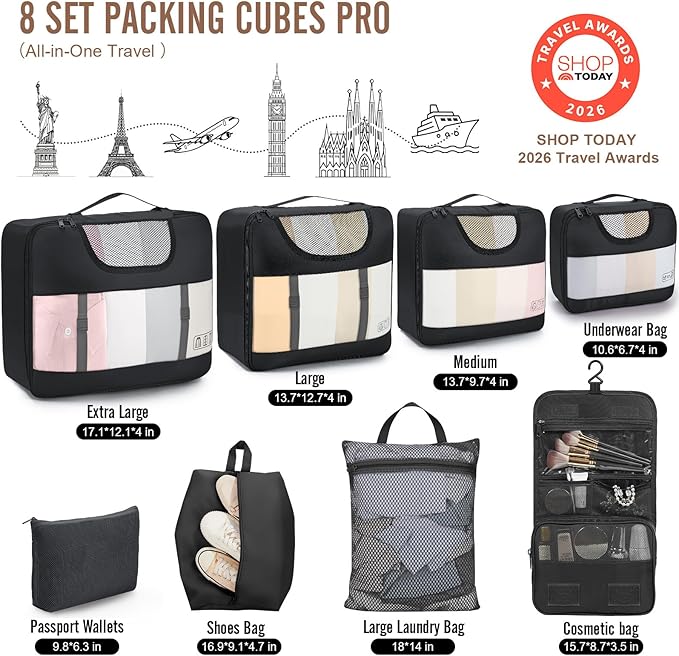 Veken 10 Set/8 Set Packing Cubes for Travel Essentials,Anti-Wrinkle Buckled Suitcase Organizer for Shoe & Toiletry Bag,Carry On Luggage Bag for Airplane & College Dorm Room Accessories,Women Men Gifts