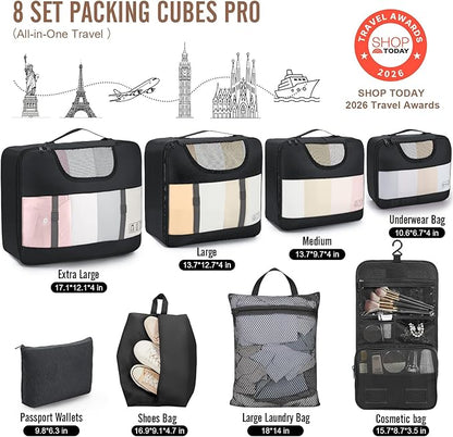 Veken 10 Set/8 Set Packing Cubes for Travel Essentials,Anti-Wrinkle Buckled Suitcase Organizer for Shoe & Toiletry Bag,Carry On Luggage Bag for Airplane & College Dorm Room Accessories,Women Men Gifts