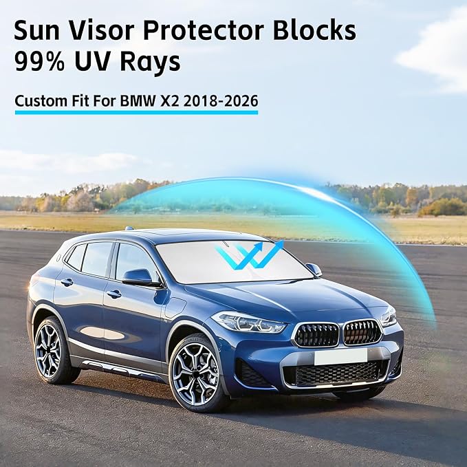 Windshield Sun Shade for BMW X2 2018-2026 Sunshade 300T Windshield Cover Shield Protector Blocks UV Rays Custom Fit X2 Front Window Shades Windshield Accessories Keep Cool Foldable