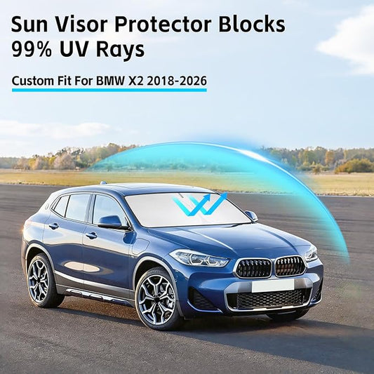 Windshield Sun Shade for BMW X2 2018-2026 Sunshade 300T Windshield Cover Shield Protector Blocks UV Rays Custom Fit X2 Front Window Shades Windshield Accessories Keep Cool Foldable