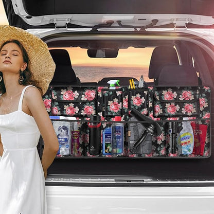 Car Trunk Organizer, Super Capacity Backseat Car Organizer for SUV/Truck/MPV(42"*18"), Hanging Car Storage Organizer with 8 Pocekts, Car Accessories for Women and Men- Floral