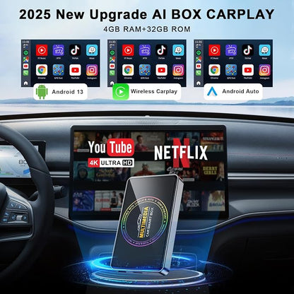 4-in-1 Ai Box Carplay 2026 Wireless CarPlay Adapter 4K HDMI Out to TV/PC/Car, Dual 5G WiFi Split Screen, Plug & Play for OEM Wired CarPlay/Android Auto Cars