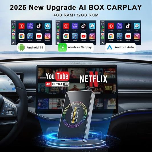4-in-1 Ai Box Carplay 2026 Wireless CarPlay Adapter 4K HDMI Out to TV/PC/Car, Dual 5G WiFi Split Screen, Plug & Play for OEM Wired CarPlay/Android Auto Cars