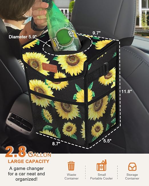 Pritent Car Trash Can with Lid, Cute Leakproof Car Trash Garbage Bag Hanging Vehicle Trash Bin Small Portable Automotive Garbage Cans Organizer for Back/Front Seat/Console(2.8 Gallons,Sunflower)