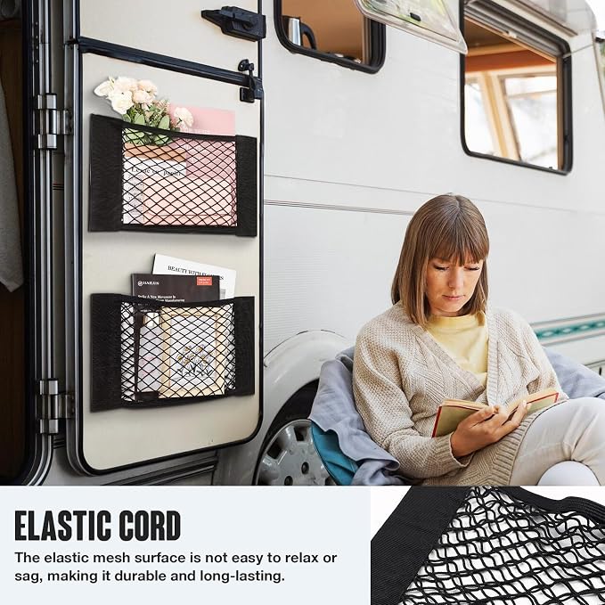TOBWOLF Universal Mesh Cargo Net With Tape Stickers, 25x40cm / 9.8x15.7in, Elastic Car Storage Net, RV Netting Pocket, Wall Sticker Add-on Pouch Bag for Car Trunk