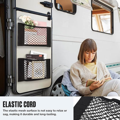 TOBWOLF Universal Mesh Cargo Net With Tape Stickers, 25x40cm / 9.8x15.7in, Elastic Car Storage Net, RV Netting Pocket, Wall Sticker Add-on Pouch Bag for Car Trunk