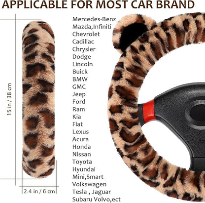Accmor Fluffy Car Steering Wheel Cover, Leopard Fuzzy Vehicle Wheel Cover for Women Non-Slip Furry Warm Steering Wheel Protector with Cute Ears, Car Accessories 15 inch Universal Fit Auto, Suvs, Truck