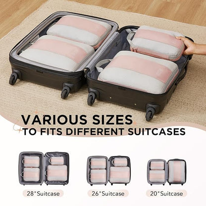 OlarHike 4 Set Compression Packing Cubes for Travel Essentials,Compressible Expandable Space Saver Bags for Organizing Clothes,Luggage Suitcase Garment Bags with Over 1000 pcs Mesh Holes(Beige)