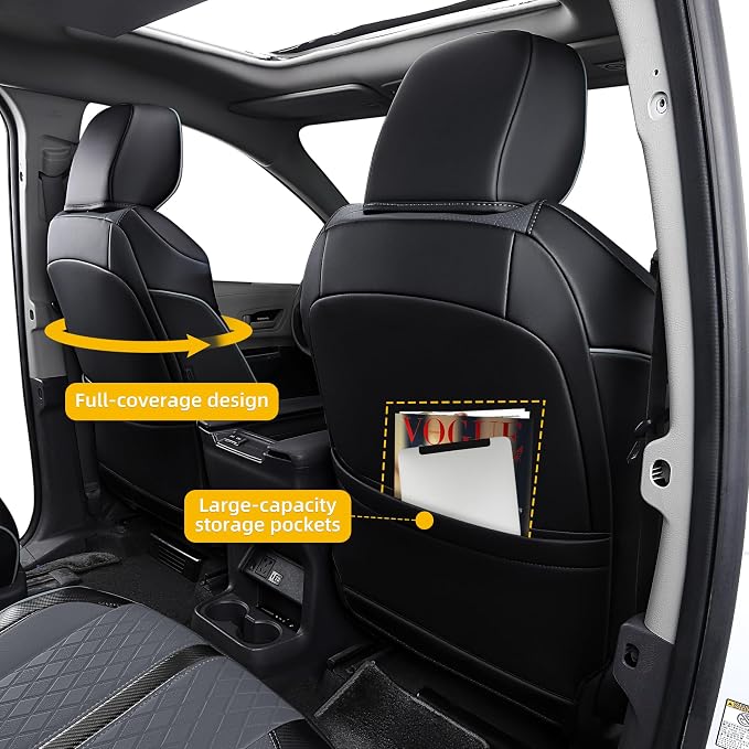 Custom Fit Sienna Seat Covers for 2021-2026 Toyota Sienna 7-Seat XLE XSE Woodland Limited Platinum [Ottoman Not Covered], Waterproof Faux Leather Full Set Airbag Compatible (Black+Grey)