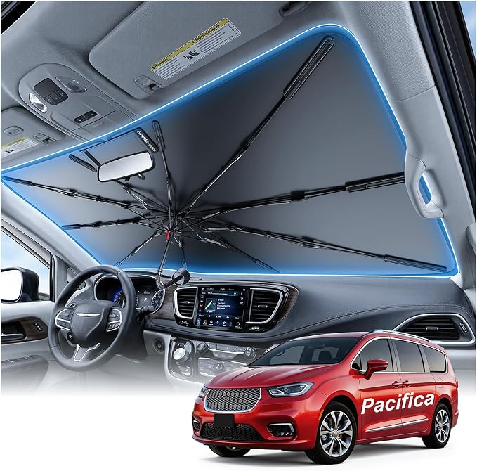 2026 Upgraded Windshield Sun Shade Umbrella for Chrysler Pacifica [Precision Custom Fit, Superior UV & Heat Block] Cooling Tech Fabric, Durable Foldable with Storage Bag, Fits 2004-2008, 2017-2025