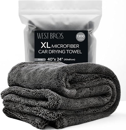 XL Car Drying Towel, 1300 GSM Professional Car Towel with Double Twisted Loop, Car Drying Towels Extra Large Super Absorbent, Microfiber Drying Towels for Cars, Trucks, SUVs - 40"x24", Gray