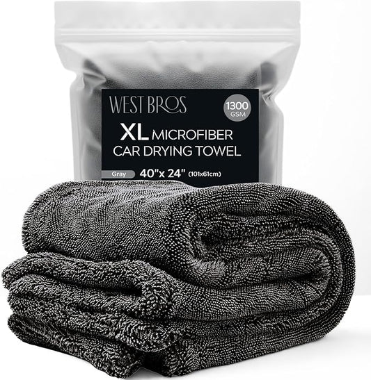 XL Car Drying Towel, 1300 GSM Professional Car Towel with Double Twisted Loop, Car Drying Towels Extra Large Super Absorbent, Microfiber Drying Towels for Cars, Trucks, SUVs - 40"x24", Gray
