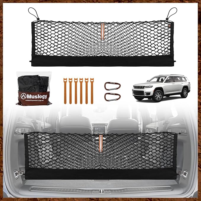 Muslogy Truck Bed Cargo Net Trunk Netting Compatible with 2021-2025 2026 Jeep Grand Cherokee L (3-Row GCL) Accessories, Pickup Cargo Organizer SUV Sedan Storage Net w/Heavy Duty Carabiners
