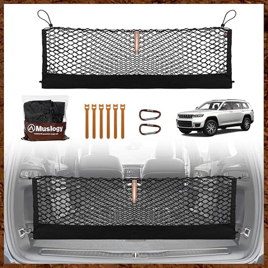 Muslogy Truck Bed Cargo Net Trunk Netting Compatible with 2021-2025 2026 Jeep Grand Cherokee L (3-Row GCL) Accessories, Pickup Cargo Organizer SUV Sedan Storage Net w/Heavy Duty Carabiners
