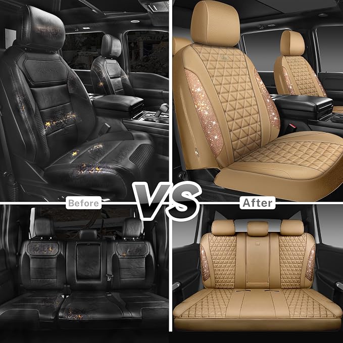 CAR PASS Bling Diamond Beige Leather Car Seat Covers Full Sets Interior Set, Waterproof Shining Glitter Sparkly Crystal Universal Armrest Fit for Automotive Truck SUV Cute Women Girl, Beige Rhinestone
