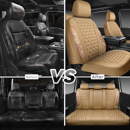 CAR PASS Bling Diamond Beige Leather Car Seat Covers Full Sets Interior Set, Waterproof Shining Glitter Sparkly Crystal Universal Armrest Fit for Automotive Truck SUV Cute Women Girl, Beige Rhinestone