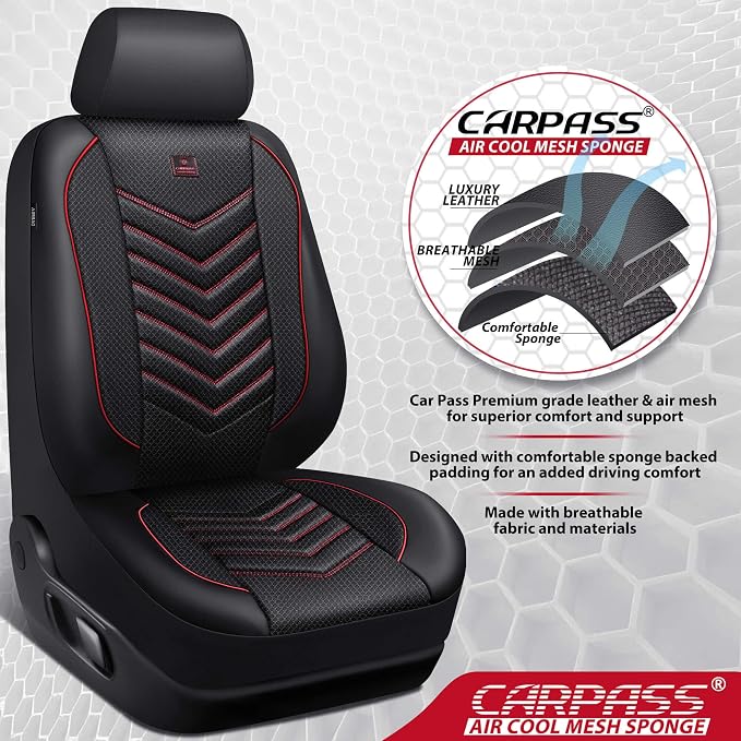 CAR PASS 3D Foam Mesh Leather Car Seat Covers Front Seats, Breathable Front Seat Cover for Cars, Comfortable Universal Fit for SUV Truck Sedan Automotive Anti-Slip Airbag Compatible, Black and Red