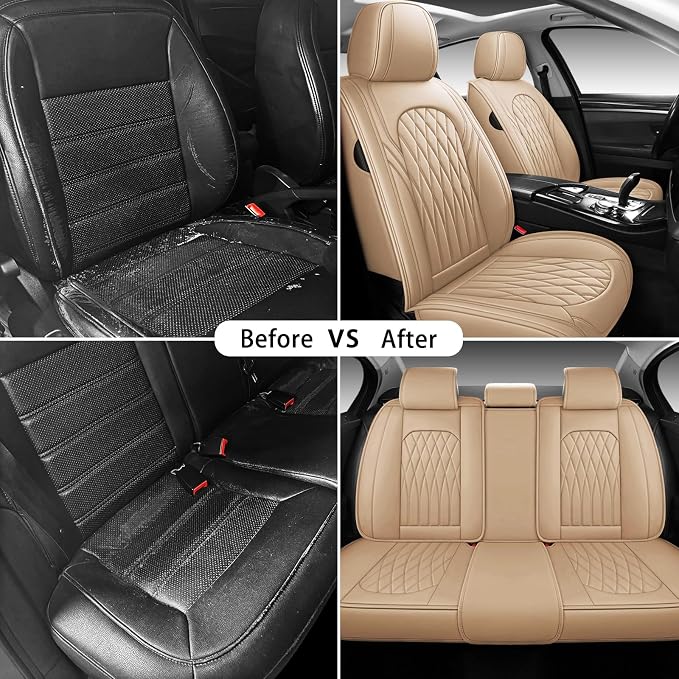 WELLDO Nappa Faux Leather Car Seat Covers Full Set, 5Seats,Beige | Waterproof, Non-Slip Seat Protector, 0.28in Thickened Cushion, Airbag Compatible, Universal for Cars SUV Truck Pickup